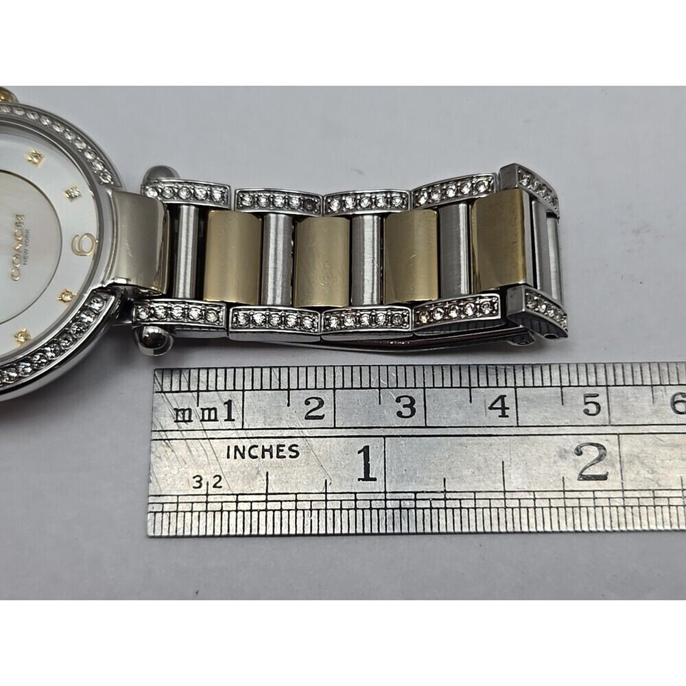Coach Cary Two Tone Crystal Bezel Mother Of Pearl Watch New Battery Petite Small - Picture 9 of 11
